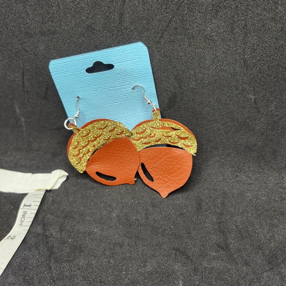 Hand Crafted Dangle Earring  Faux Leather Gold and Brown Acorn